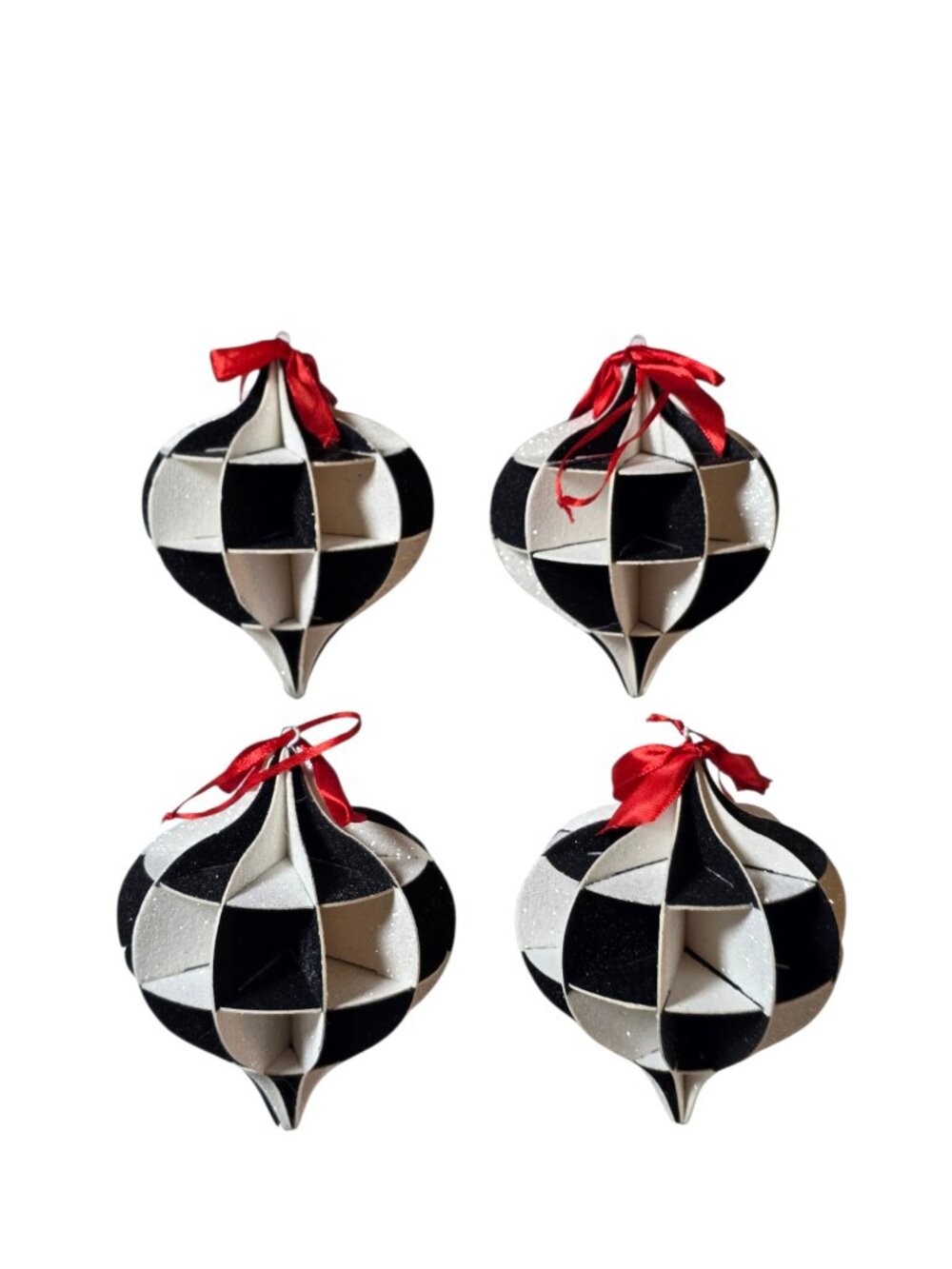 Black White Glitter 3D Christmas Ornaments Set of 4 Onion Geometric 5"